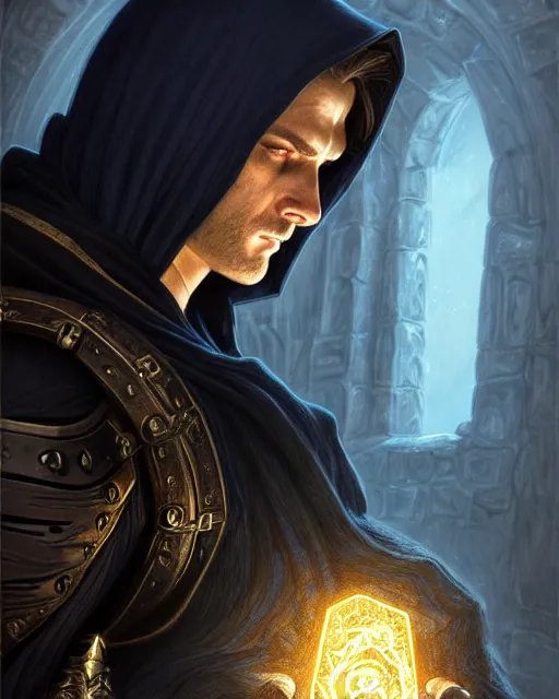 Image similar to handsome mage fighting a golem, long black hair blue eyes wearing leather mantle gothic navy cloak with gold details, castle town, fantasy character portrait, ultra realistic, intricate, elegant, cinematic lighting, highly detailed, digital painting, artstation, smooth, sharp, focus, illustration, art by artgerm and greg rutkowski and alphonse mucha