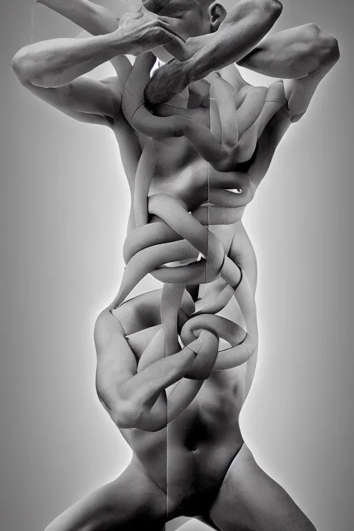 Prompt: a disturbingly realistic photograph of a mans body branching fractally indefinitely into geometric shapes