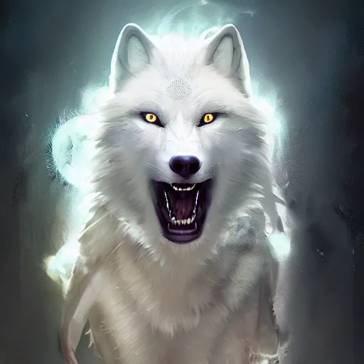 Image similar to a white wolf, huggy wuggy from poppy playtime video game, fullbody, ultra high detailed, glowing lights, oil painting, greg rutkowski, charlie bowater, beeple, unreal 5, daz, hyperrealistic, octane render, rpg portrait, dynamic lighting, fantasy art, beautiful face