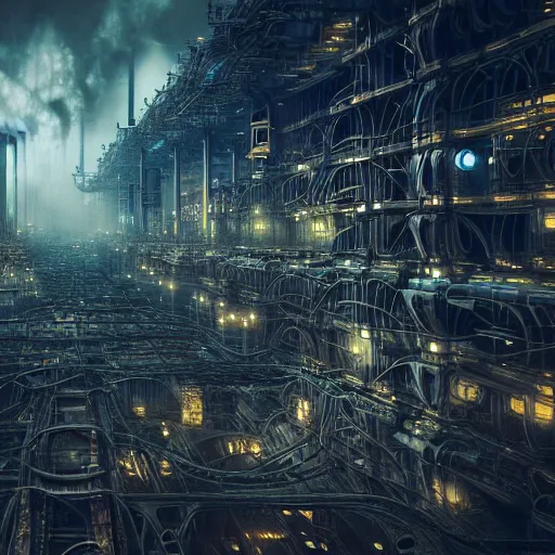 Image similar to futuristic dystopian endless, intricate, complex, labyrinthine, byzantine, tangled, industrial megafactory complex, smokestacks, pipelines and ducts and vents, matte painting, steampunk, smoke, night, gloomy, dark, dramatic, cinematic, volumetric lighting, gods eye view