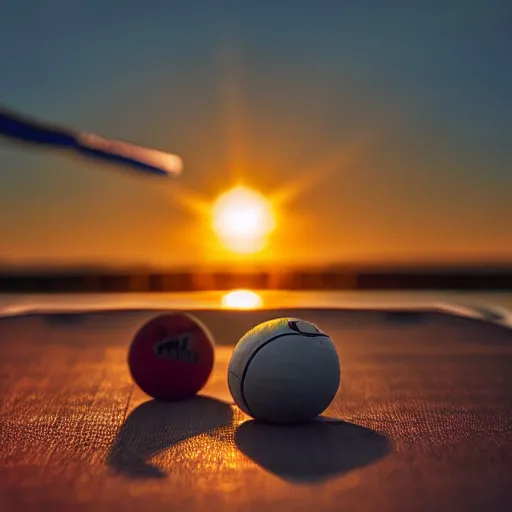 Prompt: Table Tennis Bat and Ball on a table in front of a sunset at the seaside