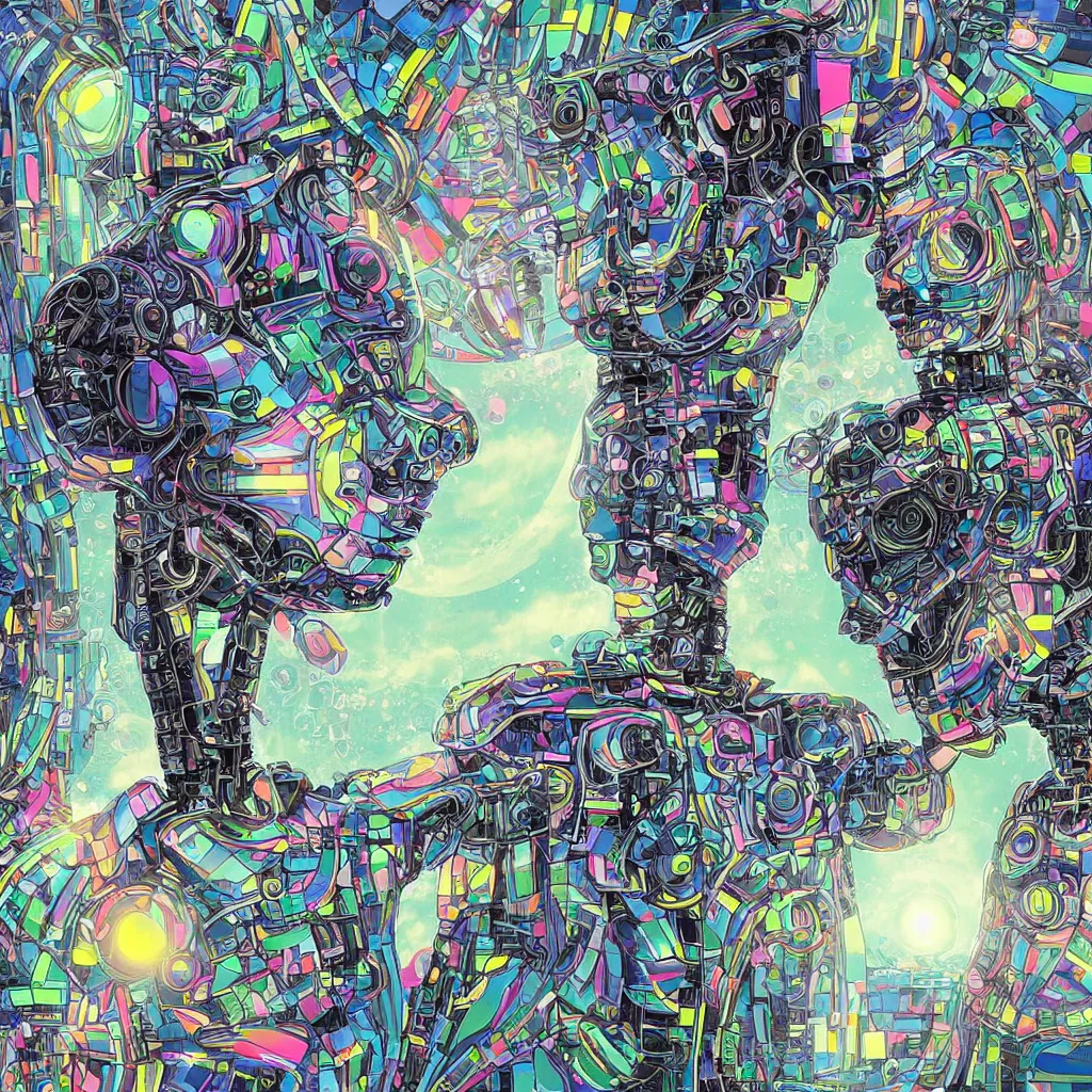 Image similar to a human and an robot working together to make art, in an illustration featured on deviantart, iridescent, ecological art, fractals, photoillustration