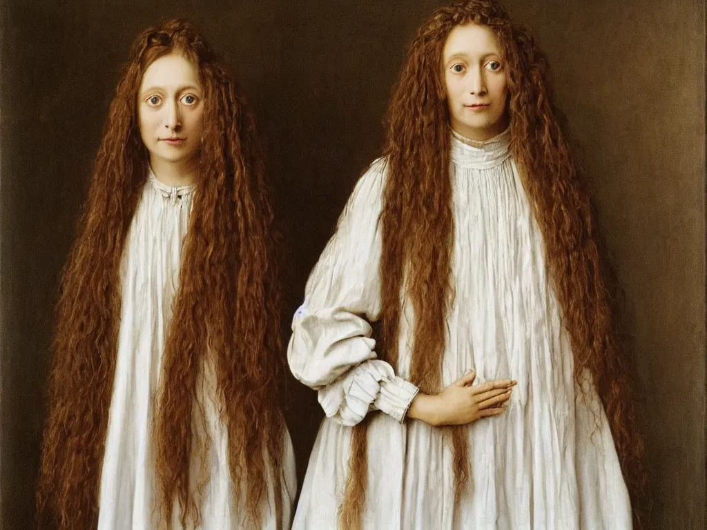 Prompt: portrait of a long haired hippy woman in a white dress. 21 th century clothes. Painting by Jan van Eyck, August Sander.