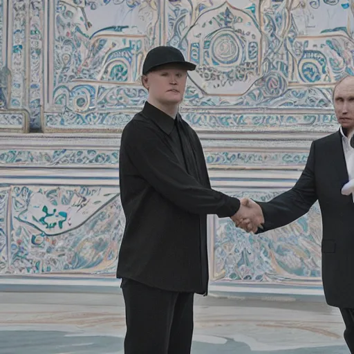 Image similar to cinematic shot of Yung Lean wearing a bucket hat and Vladimir Putin shaking hands with each other in the Kremlin, 8k, hyper intricate, hyper detailed,