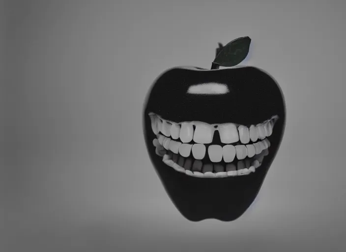 Image similar to photo still of an apple with human teeth, 8 k, studio lighting bright ambient lighting key light, 8 5 mm f 1. 8