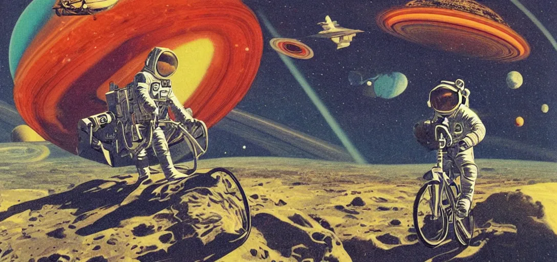 Image similar to astronaut riding on a monocycle on saturn ring, comic style, pulp magazine, vintage scifi