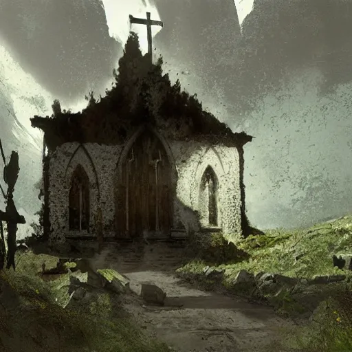 Image similar to hikers coming across a abandoned church in the style of craig mullins