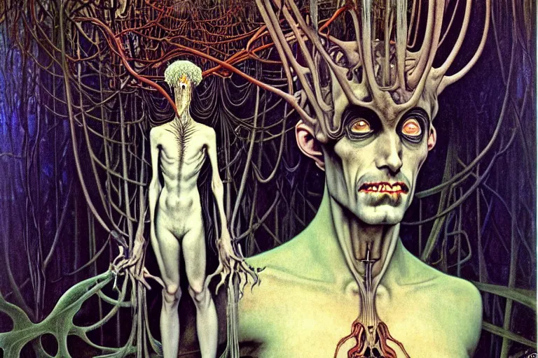 Image similar to realistic extremely detailed portrait painting of an elegantly creepy vampire man dressed as dracula, futuristic sci-fi forest on background by Jean Delville, Amano, Caravaggio, Yves Tanguy, Alphonse Mucha, Ernst Haeckel, Edward Robert Hughes, Roger Dean, rich moody colours
