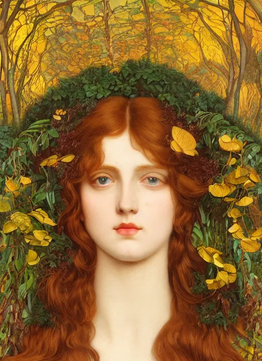 Image similar to masterpiece beautiful seductive flowing curves preraphaelite face portrait amongst leaves, extreme close up shot, straight bangs, thick set features, yellow ochre ornate medieval dress, magpie, amongst foliage mushroom forest circle arch framing, kilian eng and frederic leighton and rosetti, 4 k