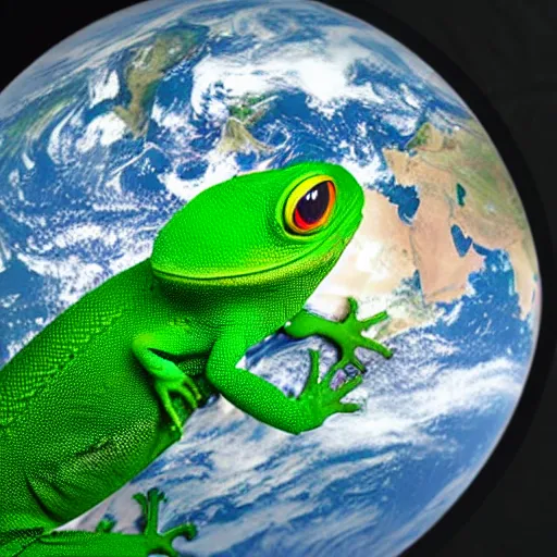 Image similar to a photo of an enormous green gecko hugging planet earth