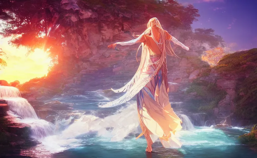 Image similar to Himalayan priestess dancing on water, beautiful flowing fabric, waterfalls, sunset, dramatic angle, 8k hdr pixiv dslr photo by Makoto Shinkai rossdraws and Wojtek Fus