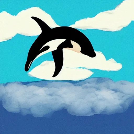 Prompt: “An orca jumping out of a sea of clouds” as digital art, watercolor, and pixel ar