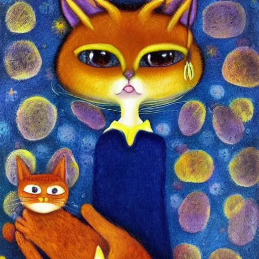 Image similar to by remedios varos, pete the cat and garfield, oil painting, met collection, high resolution