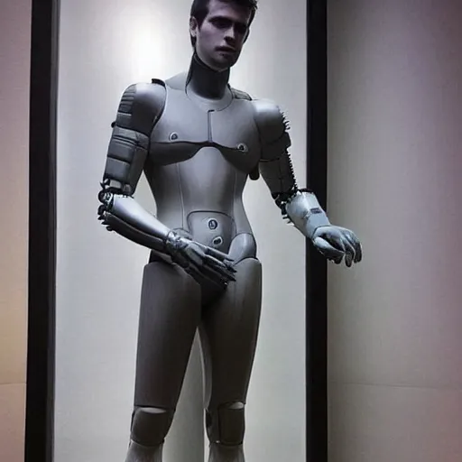 Image similar to “a realistic detailed photo of a guy who is an attractive humanoid who is half robot and half humanoid, who is a male android, actor Liam Hemsworth, shiny skin, posing like a statue, blank stare, at the museum, on display”