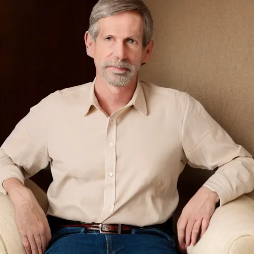 Image similar to full body photo of steve, mature male, mysterious face. he is a doctor. he is sitting gracefully on a sofa, elegant slim beige shirt. he has stately tummy