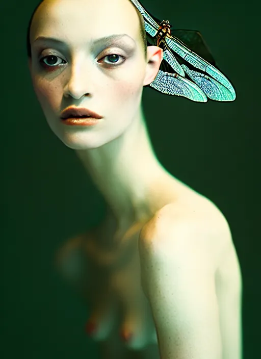 Image similar to cinestill 5 0 d portrait shot of a beautiful woman hybrid in style of paolo roversi by roberto ferri, translucent dragonfly wings body detailed, 1 5 0 mm lens, f 1. 4, sharp focus, ethereal, emotionally evoking, head in focus, volumetric lighting, tonal colors outdoor