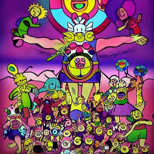 Image similar to survivor on an island full of evil teletubbies, takashi murakami artwork, sinister teletubbies, lsd