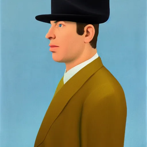 Image similar to portrait of a man wearing pants hat, realphoto render by rene magritte