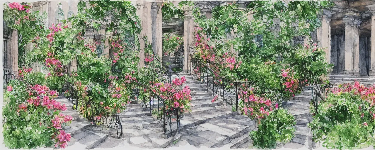 Image similar to isomeric view, stairway, chairs, wrought iron, delicate water in a botanic garden, garden road, sparrows, temple in a botanical herbarium paper, watercolor colored painting, iridescent colors, 8 k, realistic shaded, fine details, artstation, italian style, colonnade, huge flowers, architecture