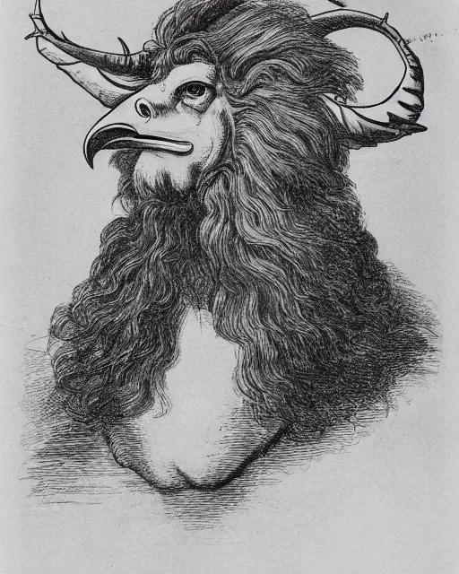 Image similar to a creature with the body and eyes of a man, with the beak of an eagle, the mane of a lion, and the horns of an ox. drawn by francis bacon