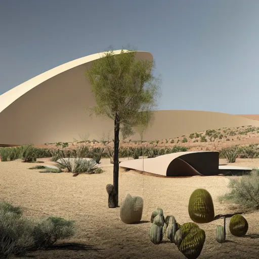 Image similar to architectural rendering of biophilia building in the desert, biomimetry shape, peaceful