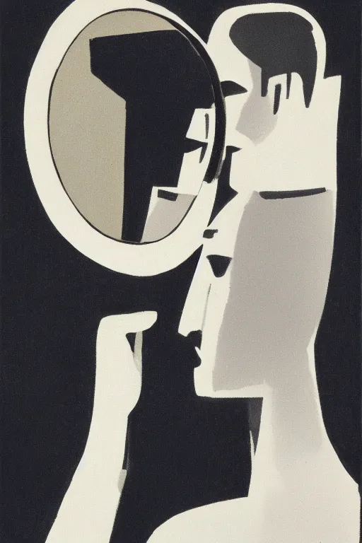 Image similar to man looking at his reflection in the mirror, 1960’s minimalist advertising illustration, painterly, expressive brush strokes