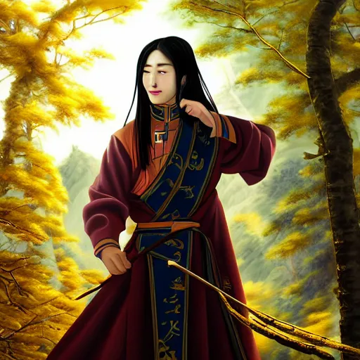 Image similar to a portrait of a young handsome Chinese prince, long black hair, golden eyes, elegant, intricate, backlit, incredible lighting, strong rim light, subsurface scattering, realistic anime, epic beautiful landscape, cherry trees, highly detailed, god rays, digital painting, by Heise Jinyao, Heise-Lian Yan Fang, Feimo, Rossdraws, HDRI, vivid colors, high contrast, 8k