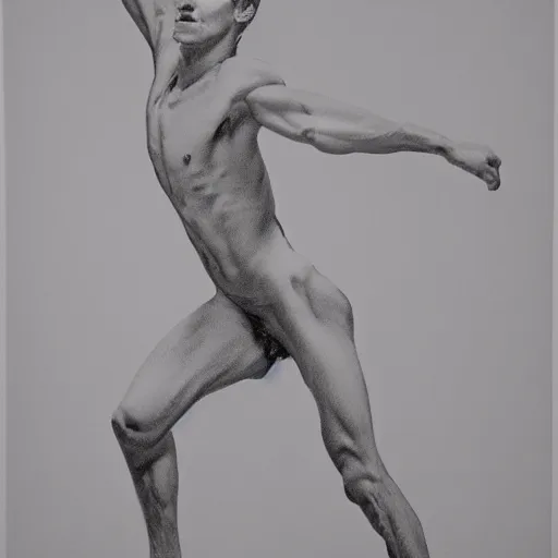 Prompt: an artistic pencil study of a young male body, full body, dynamic pose, berne hogarth, david hockney