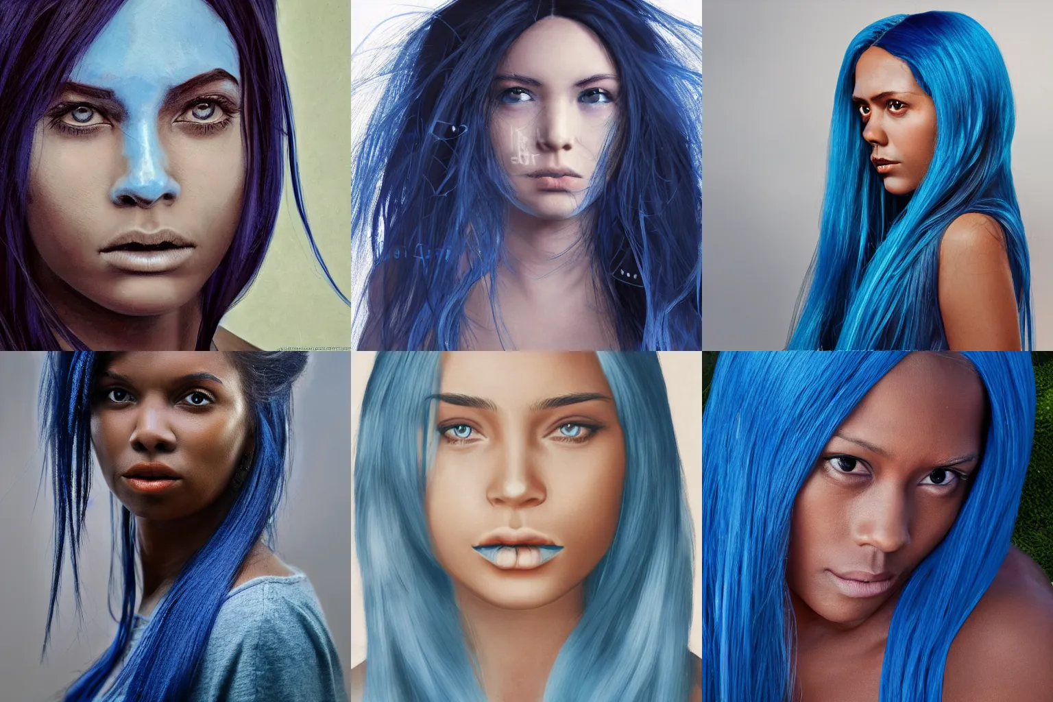 Prompt: portrait of a woman with darker skin with long blue hair and blue eyes, extremely detailed photo realism, photography, movie still