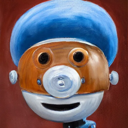 Image similar to Cute round blue robot with mustache and french beret holding a brush, portrait, photorealism