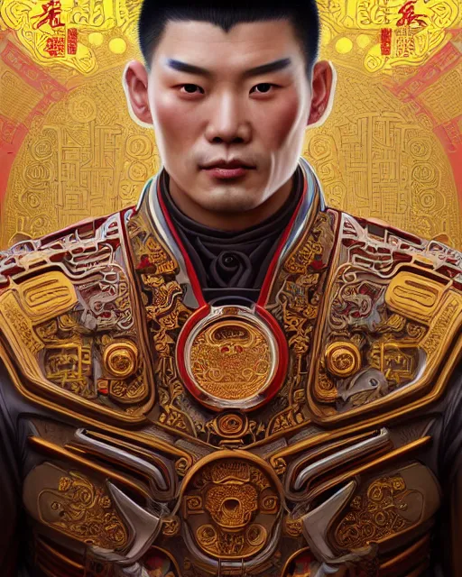 Image similar to portrait of a chinese masculine male cyberpunk machine, machine face, upper half portrait, decorated with chinese opera motifs, muscular, asian, fine china, wuxia, traditional chinese art intricate intense elegant 京 剧 highly detailed digital painting artstation concept art smooth sharp focus illustration, art by artgerm and greg rutkowski alphonse mucha 8 k