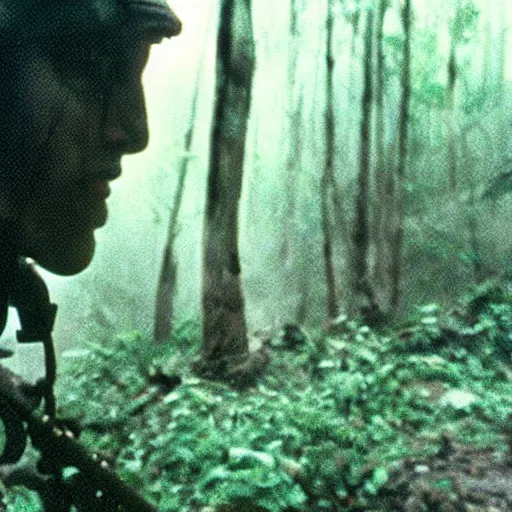 Prompt: film still, close up, portrait, emma watson soldier hiking through dense vietnam jungle, napalm fires, thick black smoke, associated press, award winning, film still from apocalypse now ( 1 9 7 9 ), 2 6 mm, kodak ektachrome, blue tint ektachrome film,