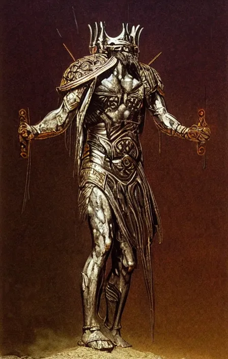 Prompt: zeus god, wearing thunder armor, ancient greek ornamented armor, beksinski, weta workshop concept art