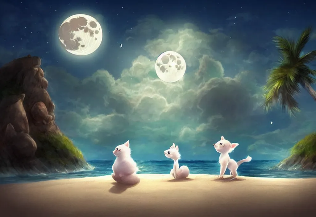 Image similar to cute magical fantasy animals at a beach looking at the moon, ultra realistic, concept art, highly detailed