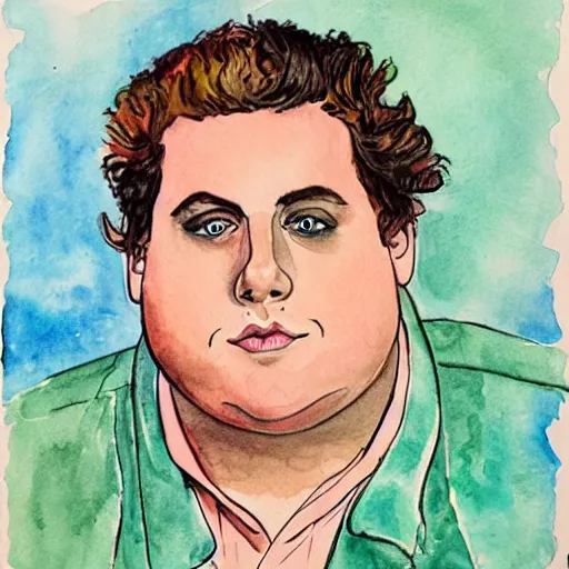 Image similar to jonah hill, stylized. Watercolor and ink. 1960s.