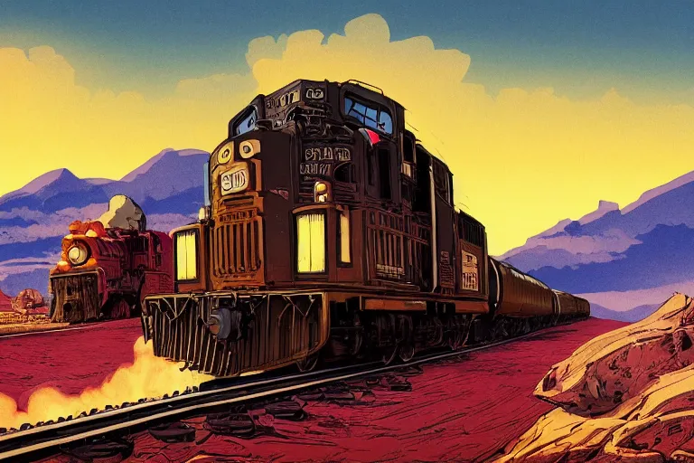 Prompt: old western freight train illustration by joe fenton and syd mead, artstation, 4 k, graphic novel, concept art, matte painting, steam engine spewing billowy white clouds of steam, beautiful idyllic mountain desert sunset background, golden hour