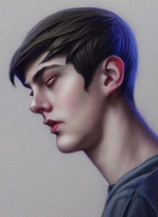 Image similar to portrait of teenage jughead jones wearing a light grey crown, photorealistic, crown, eyes closed, crown, black hair, intricate, elegant, glowing lights, highly detailed, digital painting, artstation, concept art, smooth, sharp focus, illustration, art by wlop, mars ravelo and greg rutkowski