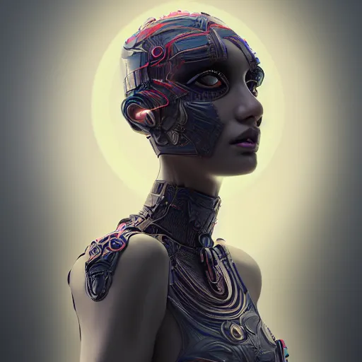 Image similar to portrait of an alien princess, style of Feng Zhu, Artstation geometric, aesthetic, smooth skin, unique features, symmetrical, intricate crown, high fashion, streetwear, cyberpunk, detailed, octane render, cinematic, 8k, opalescent skin,