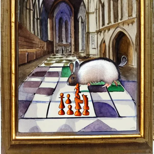 Image similar to a guinea pig and a rabbit playing chess in a cathedral, watercolour