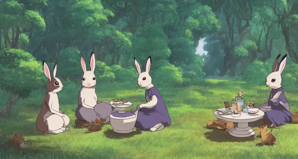 Image similar to 3 bunnies having a tea party, by studio ghibli, makoto shinkai, beautiful nature illustration