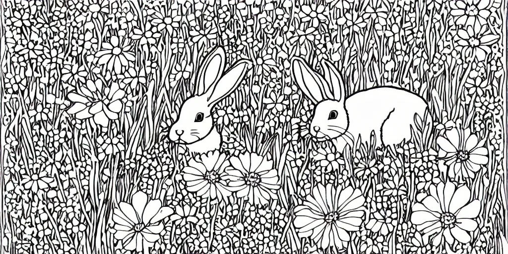 Image similar to Black and white coloring book page of a bunny rabbit and wildflowers