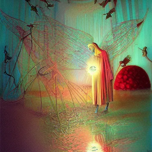 Image similar to colourful scene from a dream. digital artwork by vincent bons, michael whelan, remedios varo and gerardo dottori. grainy and rough. interesting pastel colour palette. beautiful light. oil and water colour based on high quality render.