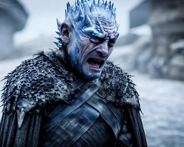 Image similar to ugly - cryer crying justin sun as night king in game of thrones, stunning tears, crimson - black bee army behind, 4 k, epic, cinematic, focus, movie still, fantasy, extreme detail, atmospheric, dark colour, sharp focus