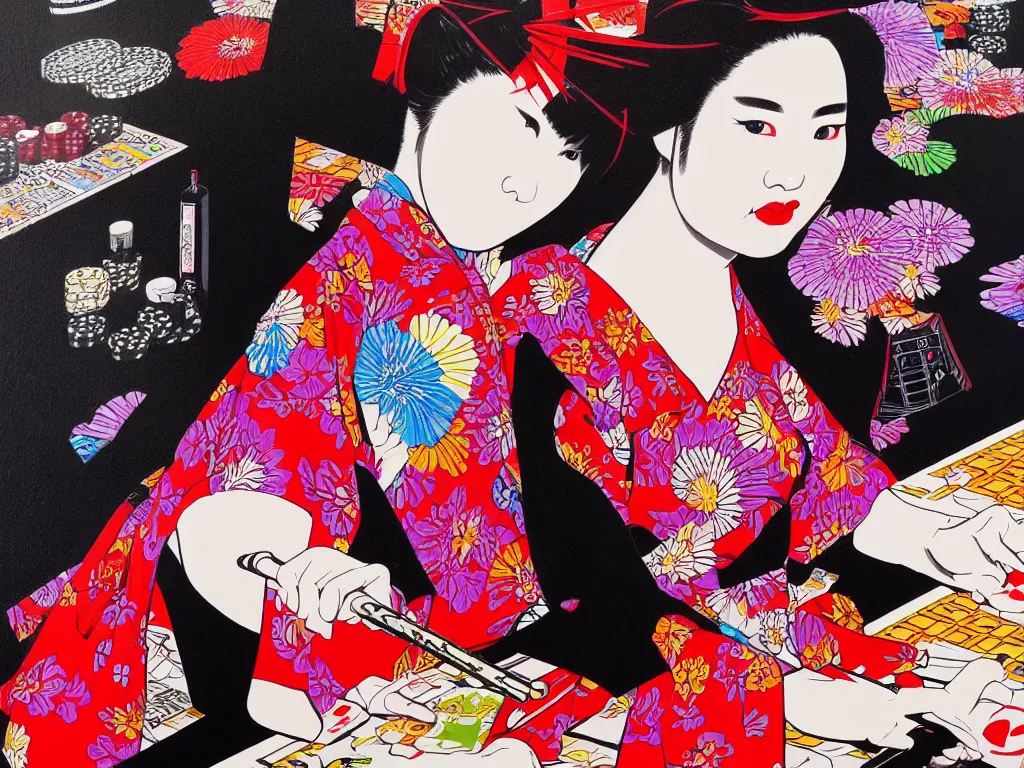 Image similar to hyperrealism composition of the detailed woman in a japanese kimono sitting at an extremely detailed poker table with darth vader, fireworks and folding screen on the background, pop - art style, jacky tsai style, andy warhol style, acrylic on canvas