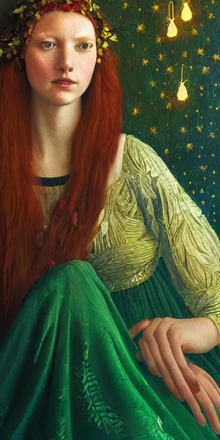 Image similar to an marveled young woman surrounded by golden firefly lights in a mesmerizing scene, sitting amidst nature fully covered, intricate detailed dress, long loose red hair, precise linework, accurate green eyes, small nose with freckles, smooth oval head, expressive emotions, hyper realistic ultrafine portrait by artemisia gentileschi, jessica rossier, artgerm