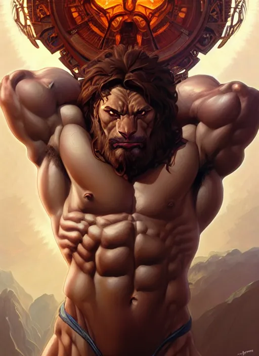 Image similar to symmetry! portrait of lion - o, d & d, muscular! fantasy, intricate, elegant, highly detailed, digital painting, artstation, concept art, smooth, sharp focus, illustration, art by artgerm and greg rutkowski and alphonse mucha