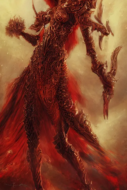 Image similar to portrait of a stunningly beautiful armoured red headed ifrit genie - kin paladin, female, upper body, fantasy, intricate, elegant, highly detailed, digital painting, artstation, concept art, sharp focus, illustration, art by luis royo, wayne barlowe, kirsi salonen, asya yoranova and alan lee