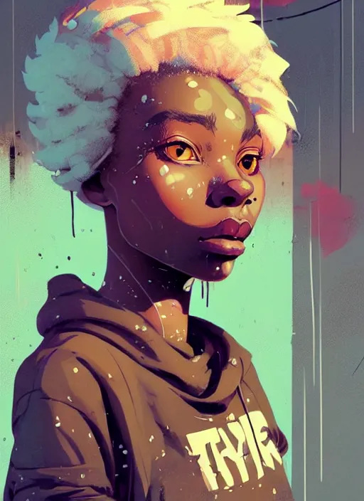 Prompt: highly detailed portrait of a sewer punk african lady, tartan hoody, white afro hair by atey ghailan, by greg rutkowski, by greg tocchini, by james gilleard, by joe fenton, by kaethe butcher, gradient peach, brown, blonde cream and white color scheme, grunge aesthetic!!! ( ( graffiti tag wall background ) )