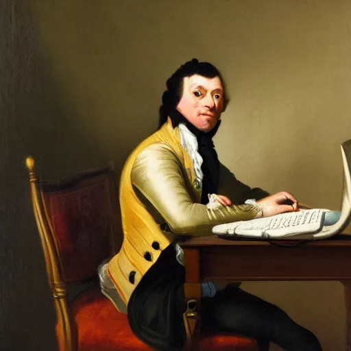 Image similar to 18th century portrait of a man sitting at his desk, frustrated with his computer, oil painting, very detailed, 4k, brush strokes