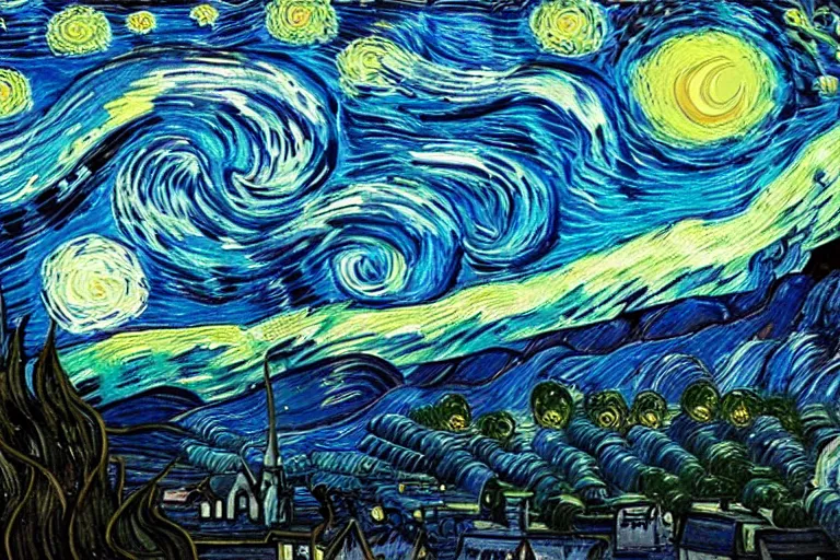 Image similar to man is seeing old god eldritch horror cthulhu terrifying the night sky of a city, epic scene, hyper - detailed, gigantic cthulhu, realistic dark - art painted by van gogh